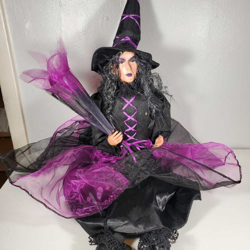 Witch Shelf Sitter 11" Halloween Doll Decor Purple Black Roses Cher